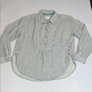 Anthropologie-M- Gray Striped-long sleeve, side button, accent, collared, Blouse
